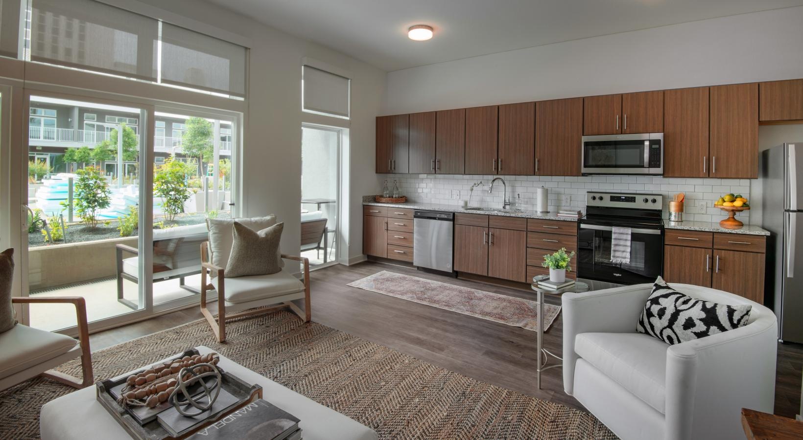 a kitchen with a large window